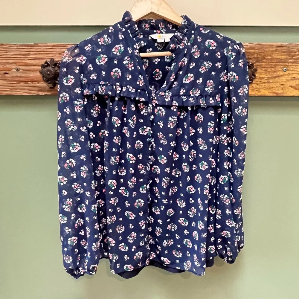 Boden Navy Blue Floral Ruffle High Neck Blouse W0289 Womens Size 6 Long Sleeve